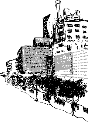 ビルが並ぶモノクロのイラスト